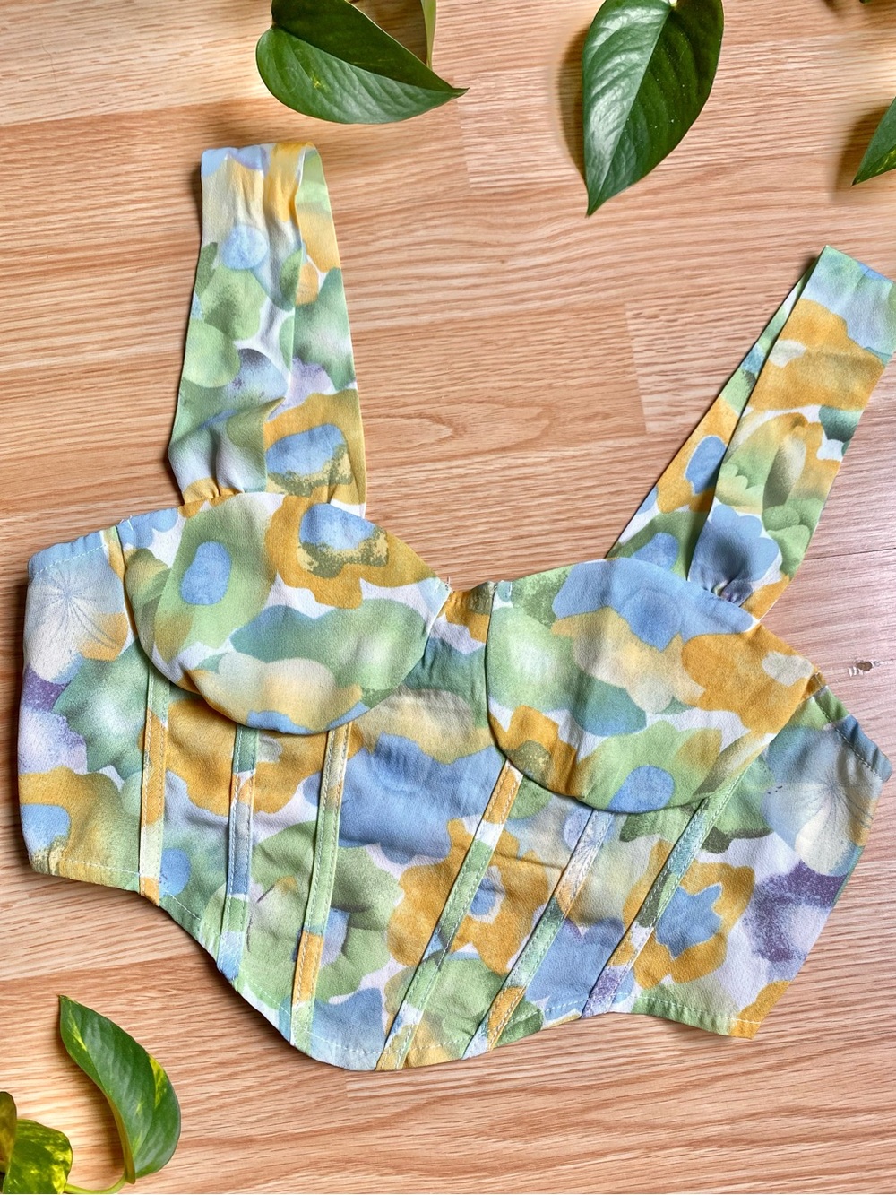 💛💚🩵 Floral Watercolor Bustier Crop Top in Pastel Yellow Green & Blue Cottagecore